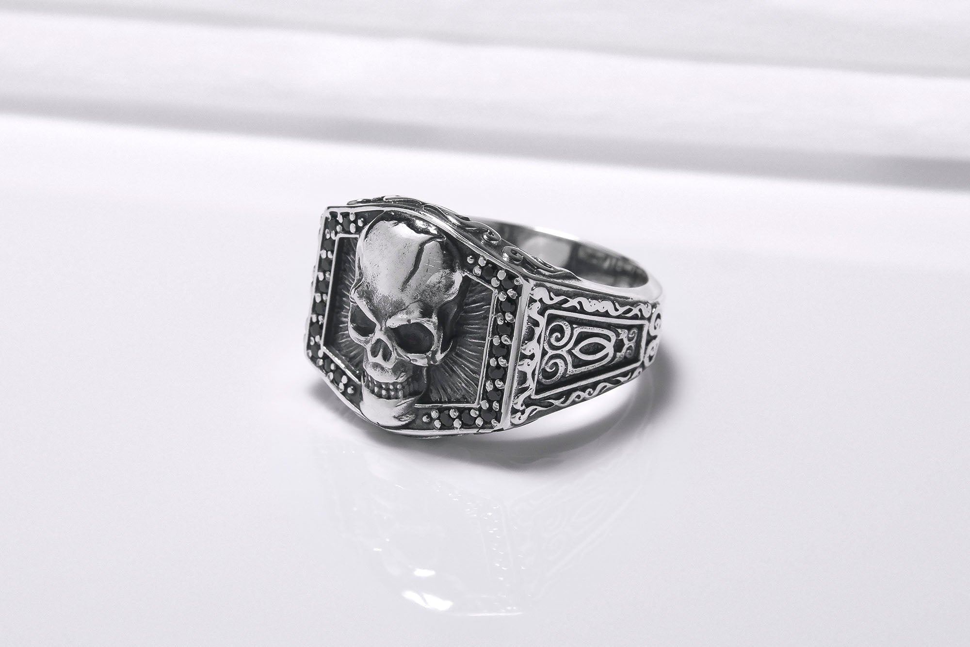 925 Silver Skull Signet Ring with Ornament, Handcrafted Biker Jewelry - vikingworkshop