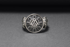 Sterling Silver Valknut Symbol Ring with Helm of Awe, Handcrafted Viking Jewelry - vikingworkshop