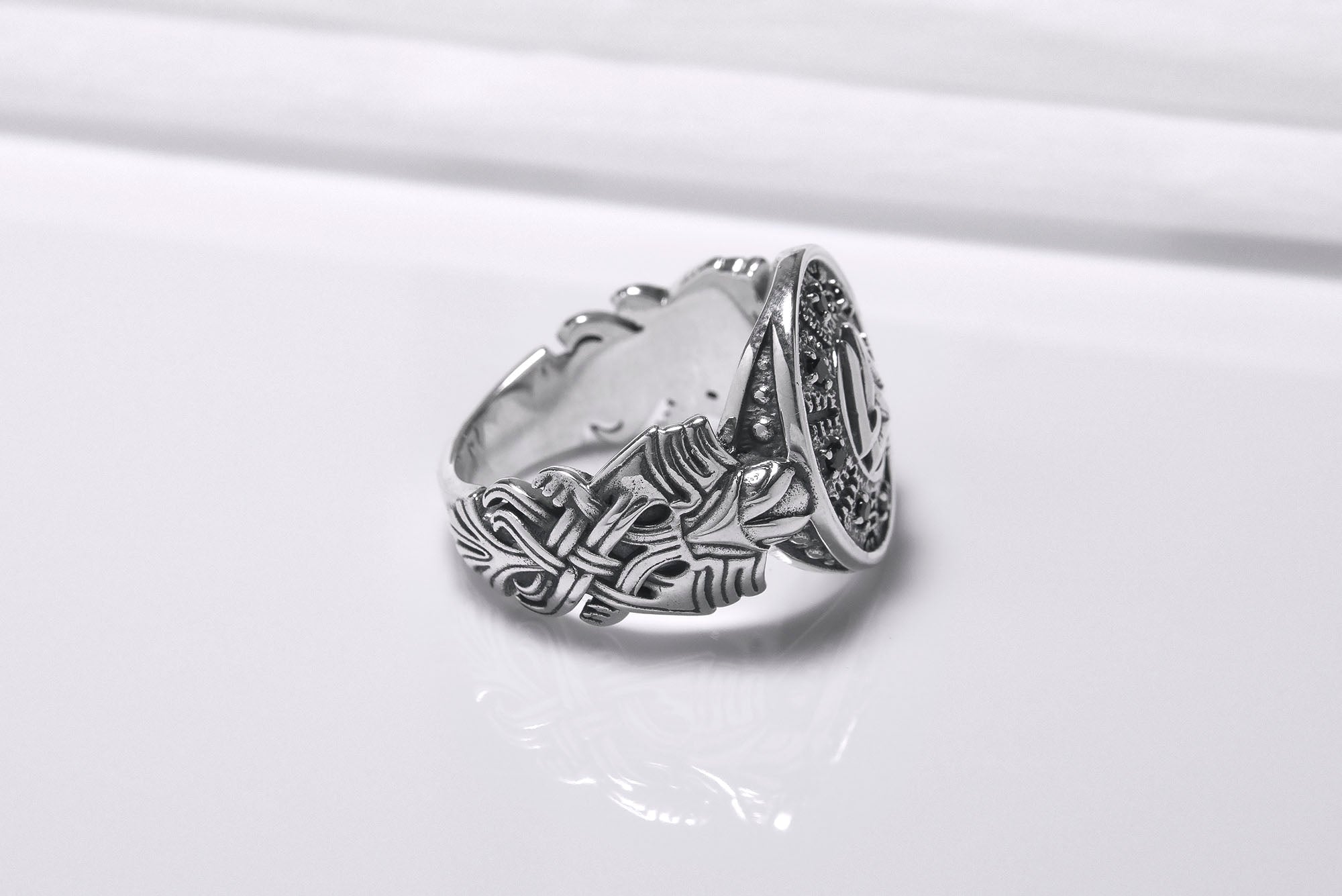 Sterling Silver Valknut Symbol Ring with Helm of Awe, Handcrafted Viking Jewelry - vikingworkshop