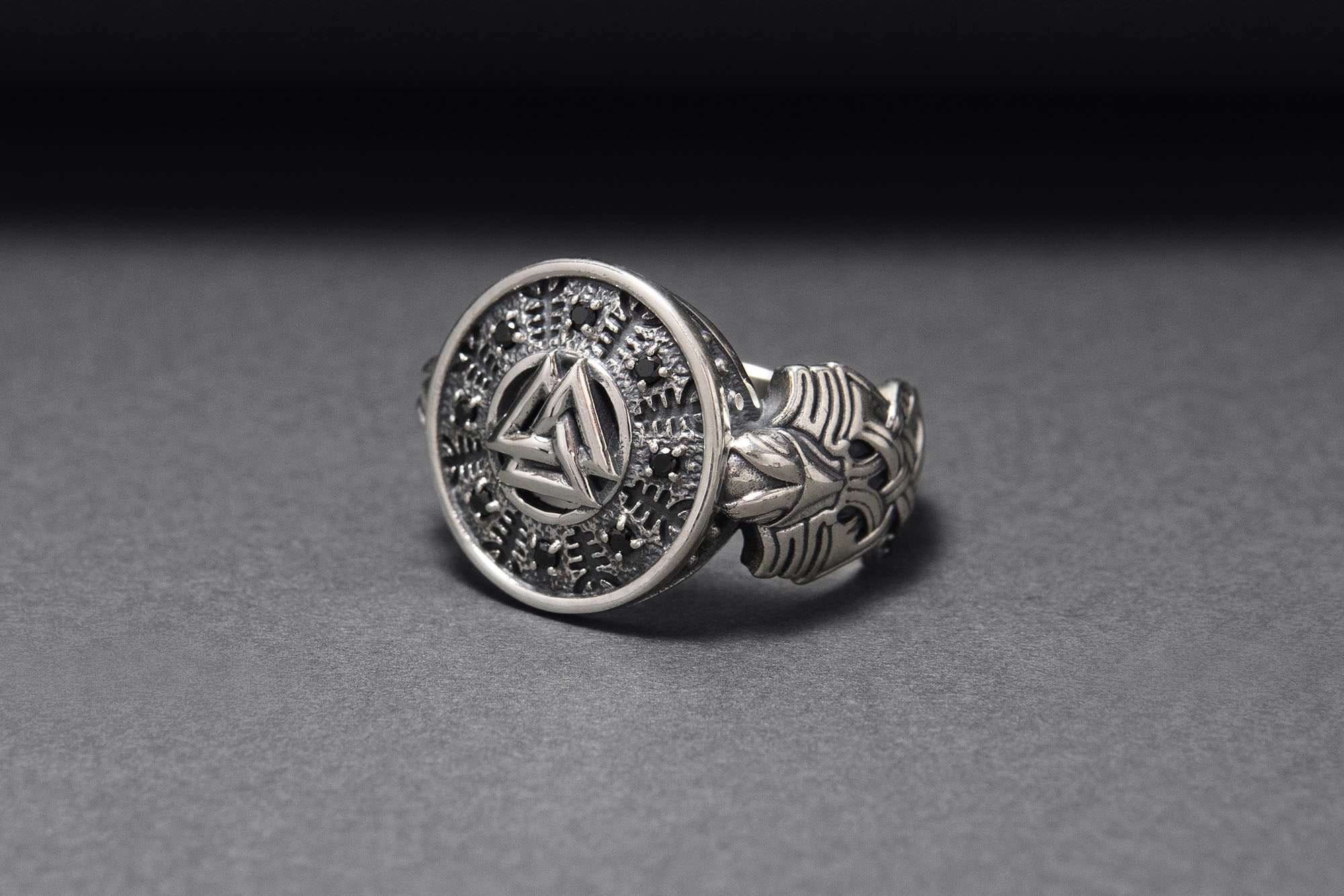 Sterling Silver Valknut Symbol Ring with Helm of Awe, Handcrafted Viking Jewelry - vikingworkshop