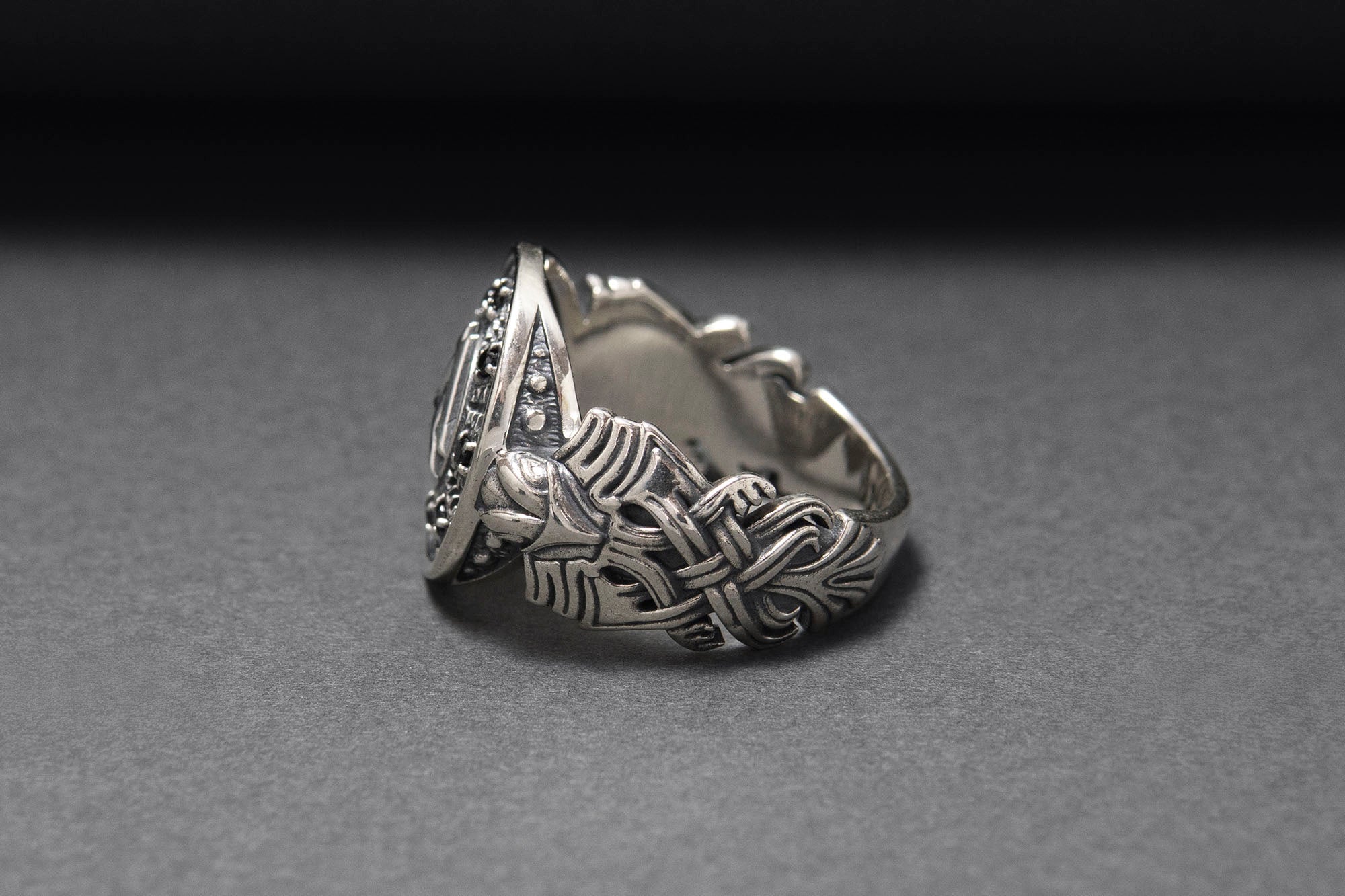 Sterling Silver Valknut Symbol Ring with Helm of Awe, Handcrafted Viking Jewelry - vikingworkshop