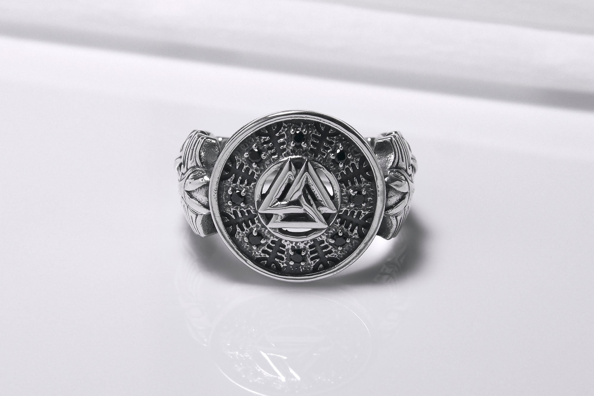 Sterling Silver Valknut Symbol Ring with Helm of Awe, Handcrafted Viking Jewelry - vikingworkshop