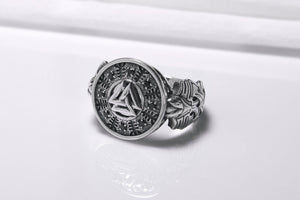 Sterling Silver Valknut Symbol Ring with Helm of Awe, Handcrafted Viking Jewelry - vikingworkshop