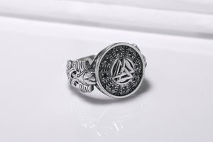 Sterling Silver Valknut Symbol Ring with Helm of Awe, Handcrafted Viking Jewelry - vikingworkshop