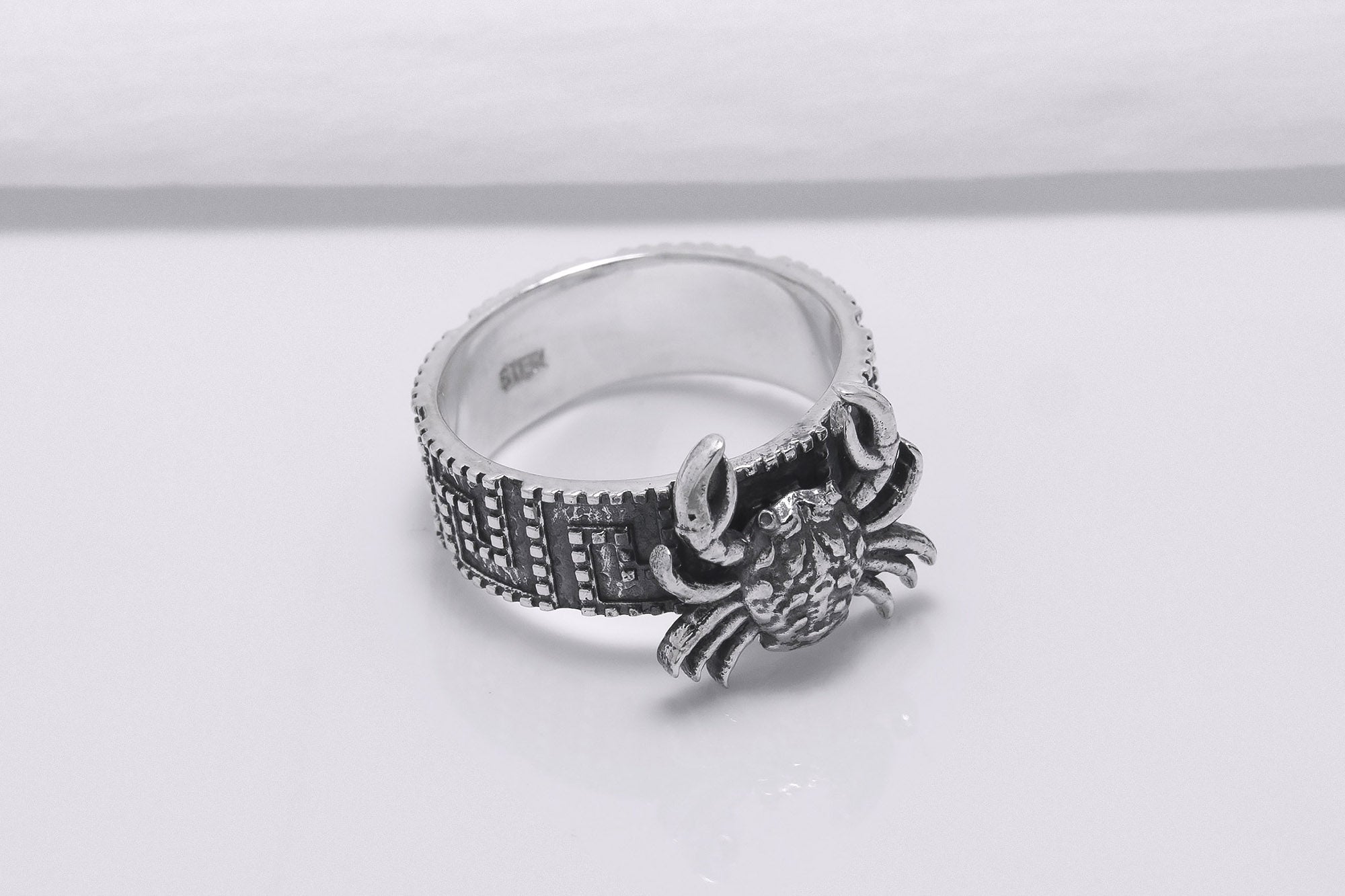 925 Silver Crab Ring with Greek Ornament, Handcrafted Marine Jewelry - vikingworkshop