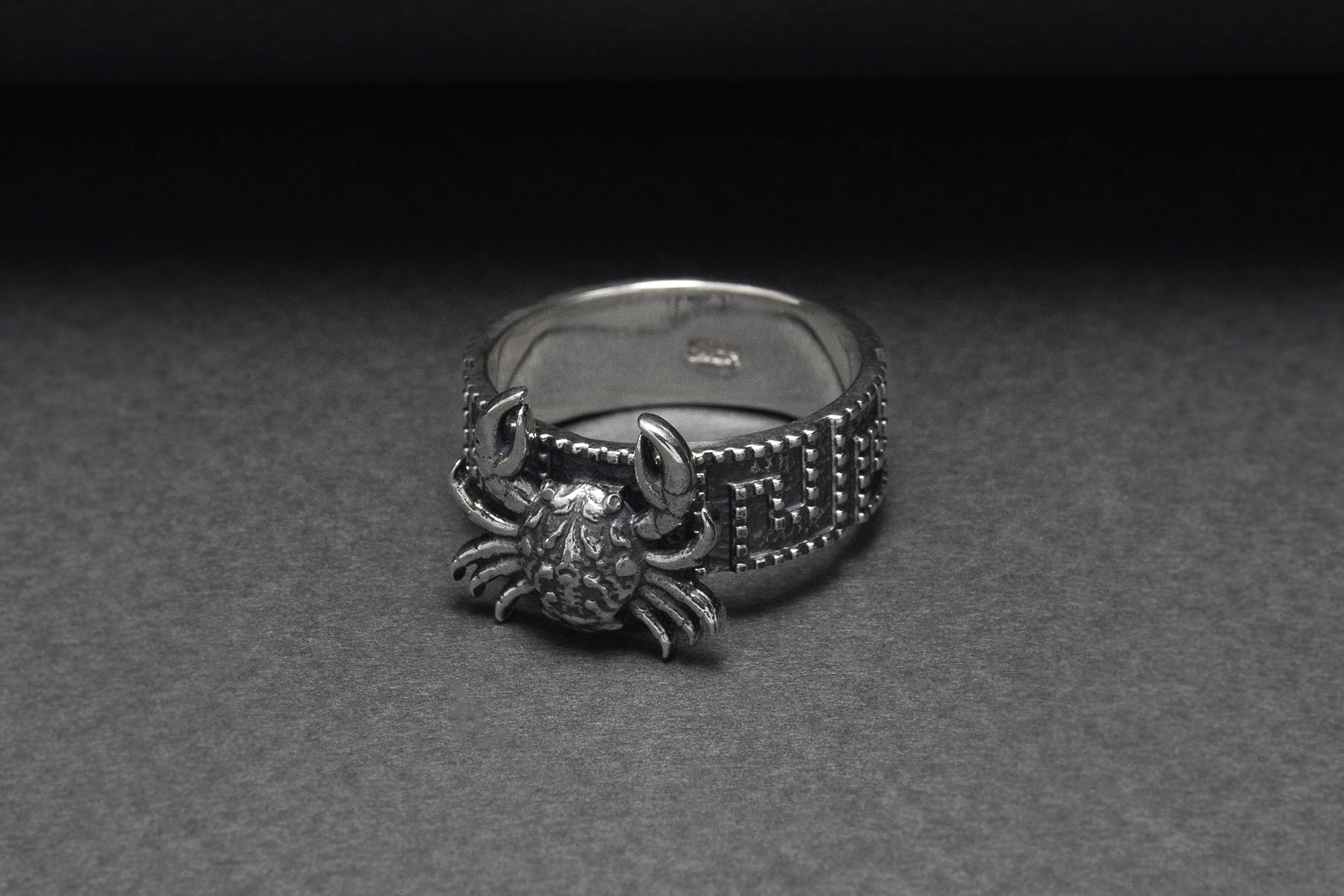 925 Silver Crab Ring with Greek Ornament, Handcrafted Marine Jewelry - vikingworkshop