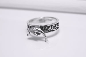 925 Silver Dophin Ring with Waves Ornament, Handcrafted Marine Jewelry - vikingworkshop