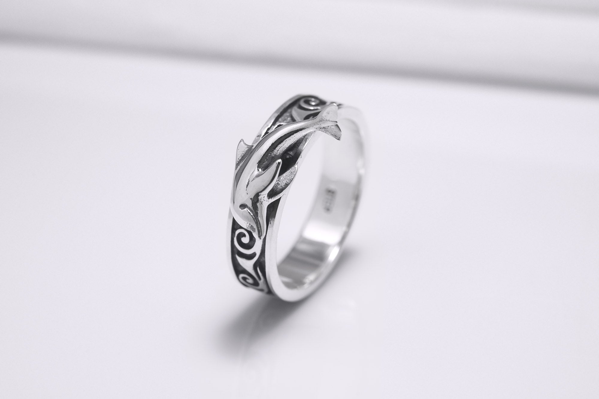 925 Silver Dophin Ring with Waves Ornament, Handcrafted Marine Jewelry - vikingworkshop