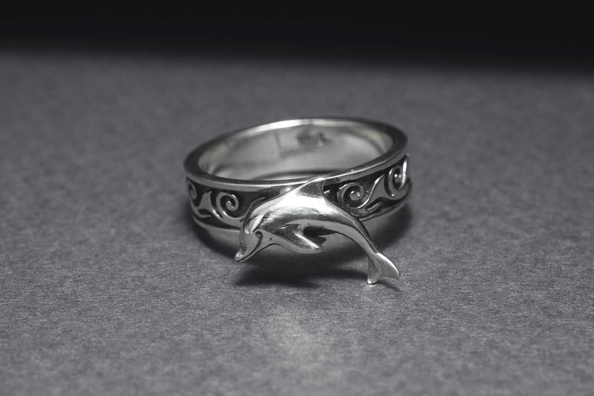 925 Silver Dophin Ring with Waves Ornament, Handcrafted Marine Jewelry - vikingworkshop