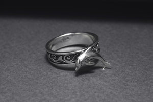 925 Silver Dophin Ring with Waves Ornament, Handcrafted Marine Jewelry - vikingworkshop