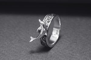 925 Silver Dophin Ring with Waves Ornament, Handcrafted Marine Jewelry - vikingworkshop