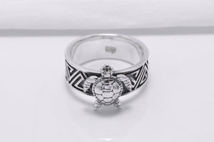 925 Silver Turtle Ring with Greek Ornament, Handcrafted Marine Jewelry - vikingworkshop