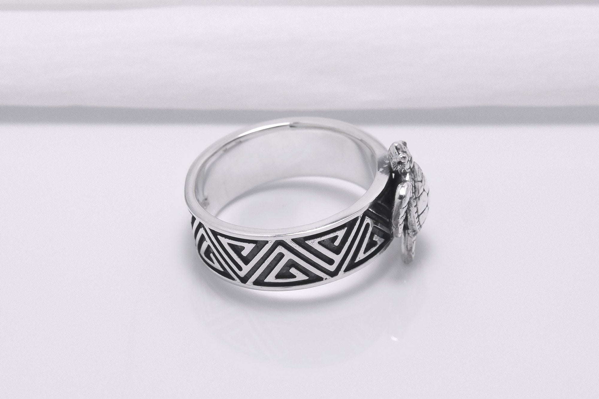 925 Silver Turtle Ring with Greek Ornament, Handcrafted Marine Jewelry - vikingworkshop