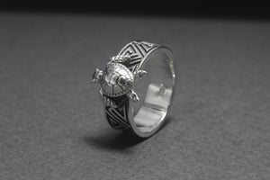 925 Silver Turtle Ring with Greek Ornament, Handcrafted Marine Jewelry - vikingworkshop