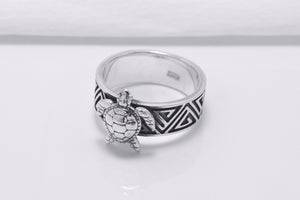 925 Silver Turtle Ring with Greek Ornament, Handcrafted Marine Jewelry - vikingworkshop