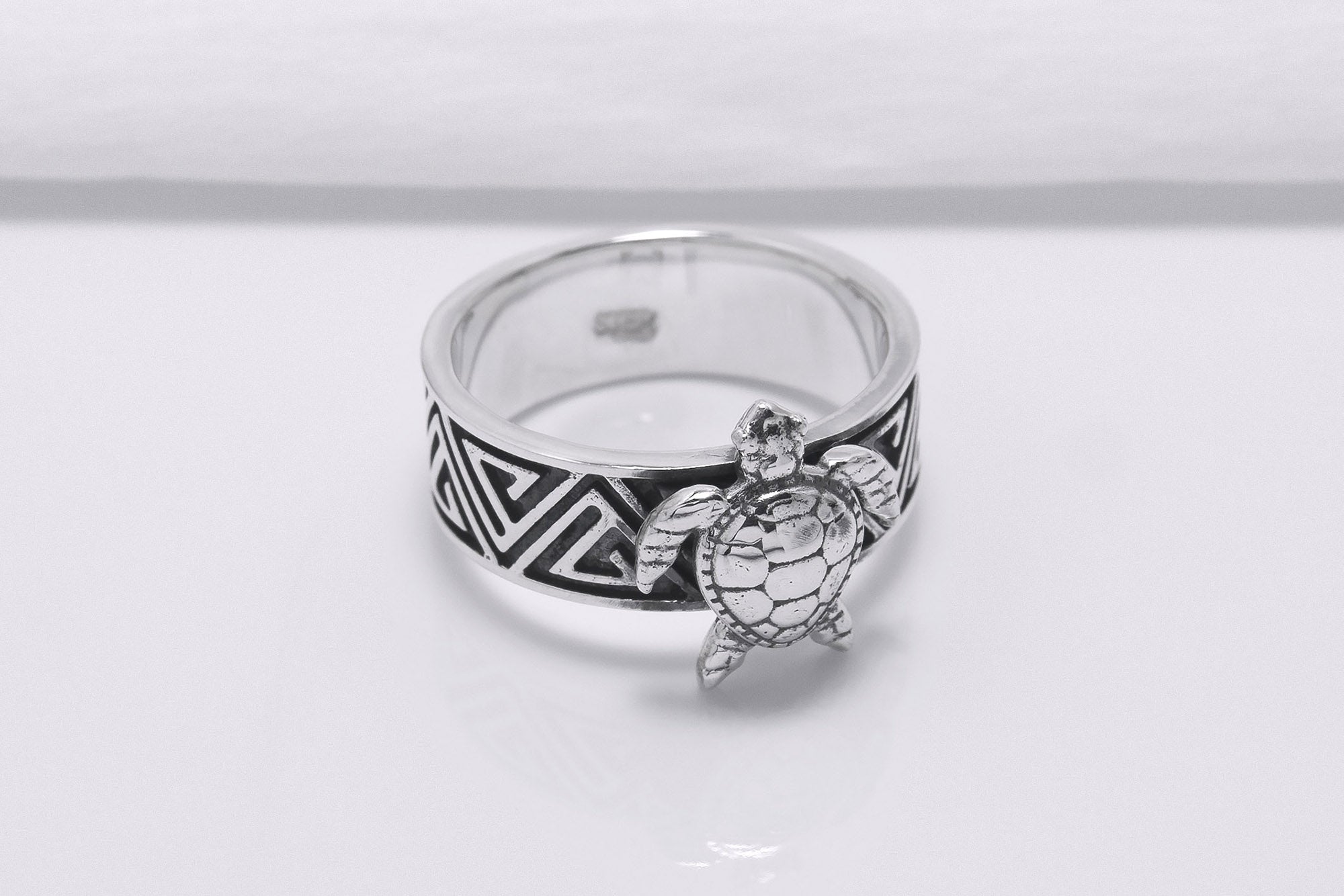 925 Silver Turtle Ring with Greek Ornament, Handcrafted Marine Jewelry - vikingworkshop