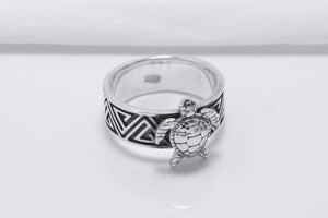 925 Silver Turtle Ring with Greek Ornament, Handcrafted Marine Jewelry - vikingworkshop