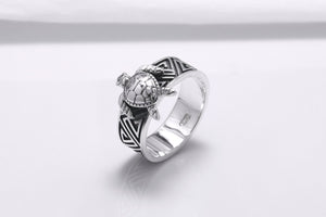 925 Silver Turtle Ring with Greek Ornament, Handcrafted Marine Jewelry - vikingworkshop