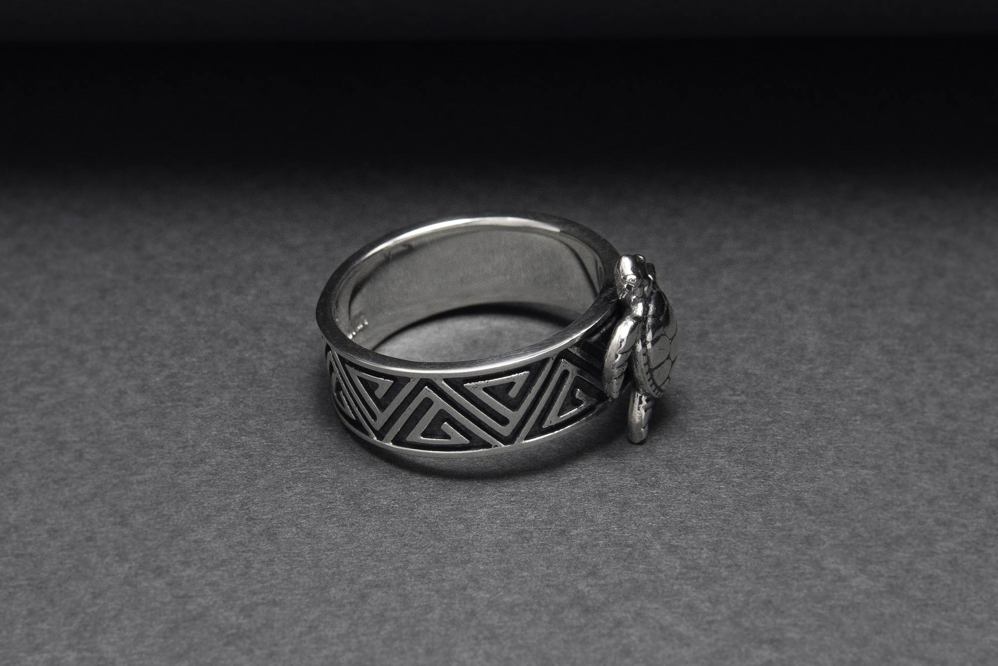 925 Silver Turtle Ring with Greek Ornament, Handcrafted Marine Jewelry - vikingworkshop