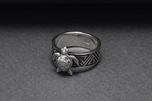 925 Silver Turtle Ring with Greek Ornament, Handcrafted Marine Jewelry - vikingworkshop