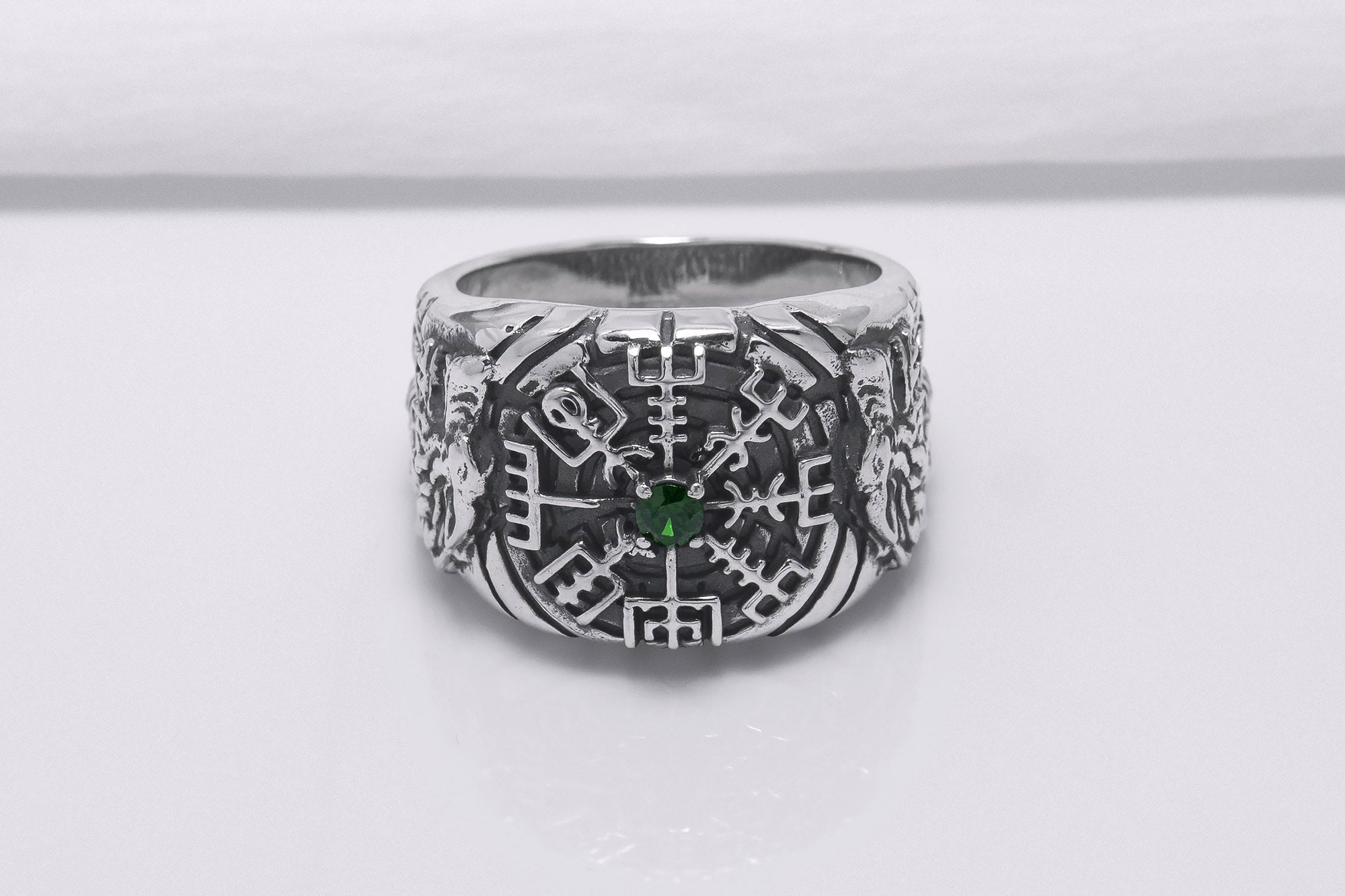 925 Silver Vegvisir Signet Ring with Green Gem and Ornament, Handcrafted Viking Jewelry - vikingworkshop