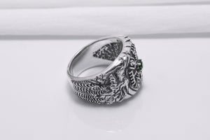 925 Silver Vegvisir Signet Ring with Green Gem and Ornament, Handcrafted Viking Jewelry - vikingworkshop