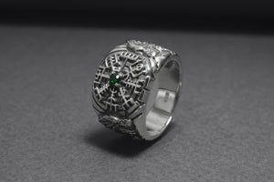 925 Silver Vegvisir Signet Ring with Green Gem and Ornament, Handcrafted Viking Jewelry - vikingworkshop