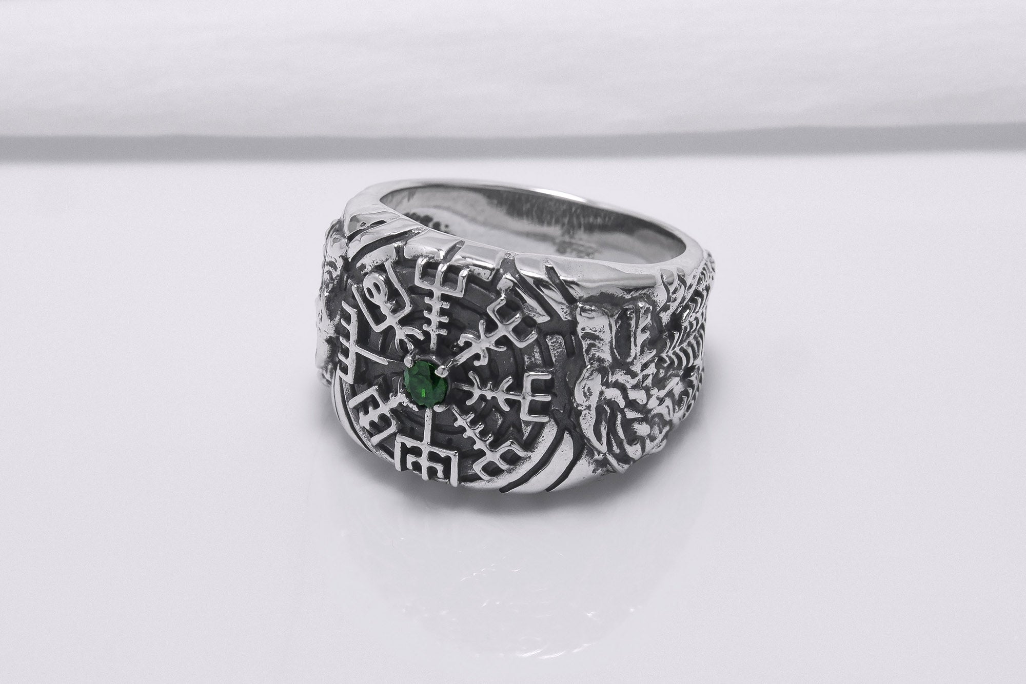 925 Silver Vegvisir Signet Ring with Green Gem and Ornament, Handcrafted Viking Jewelry - vikingworkshop