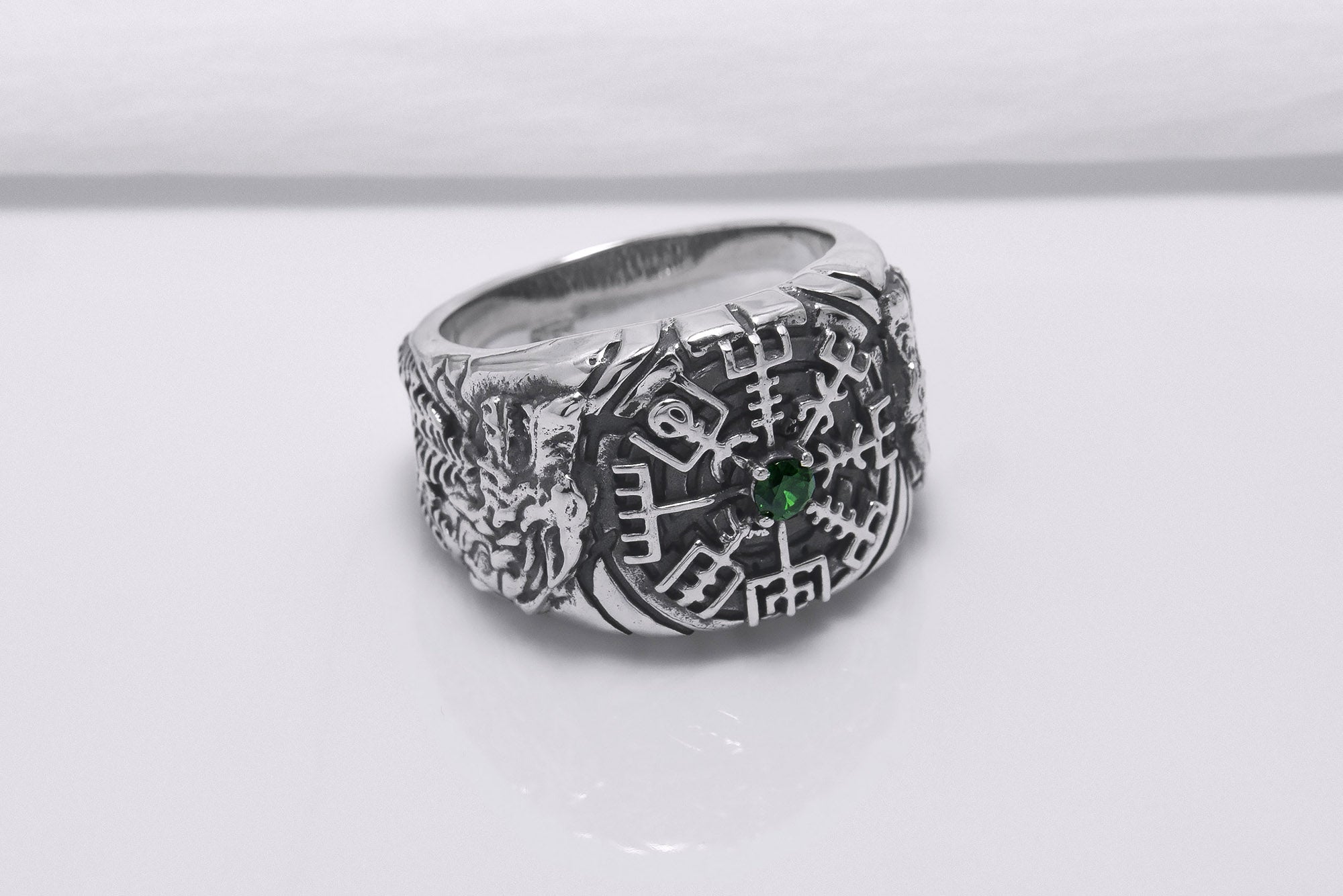 925 Silver Vegvisir Signet Ring with Green Gem and Ornament, Handcrafted Viking Jewelry - vikingworkshop