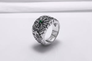 925 Silver Vegvisir Signet Ring with Green Gem and Ornament, Handcrafted Viking Jewelry - vikingworkshop