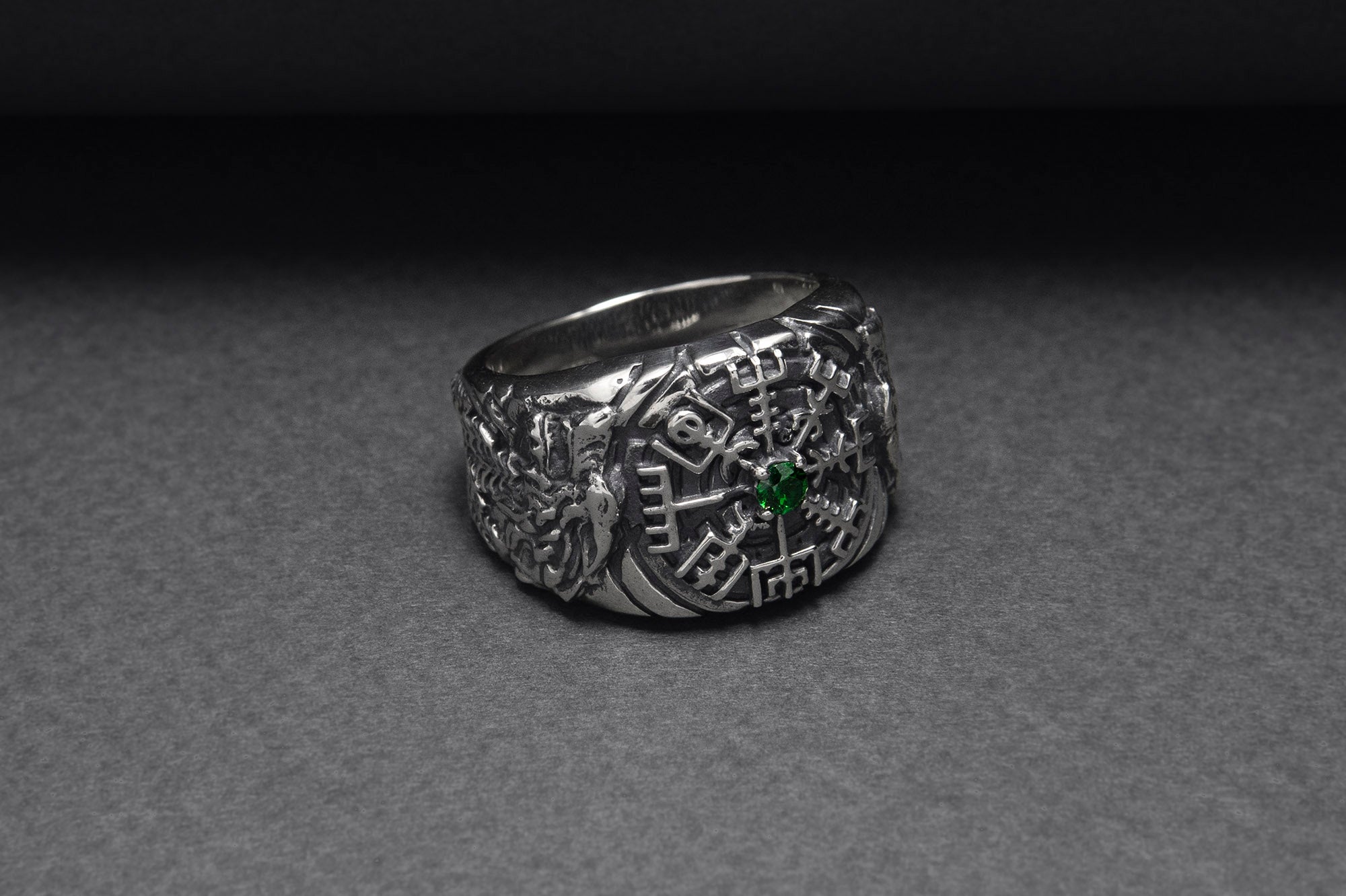 925 Silver Vegvisir Signet Ring with Green Gem and Ornament, Handcrafted Viking Jewelry - vikingworkshop