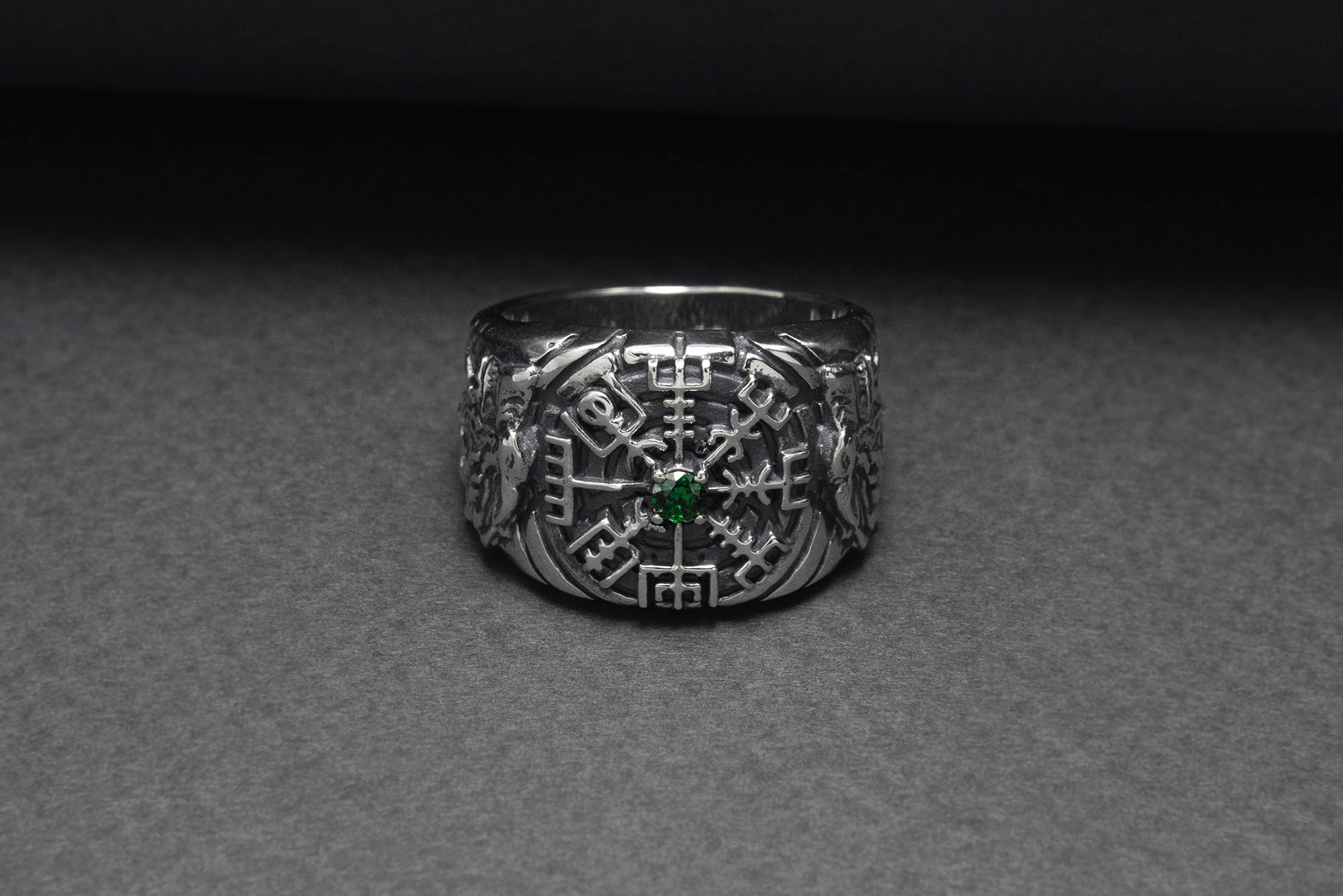 925 Silver Vegvisir Signet Ring with Green Gem and Ornament, Handcrafted Viking Jewelry - vikingworkshop