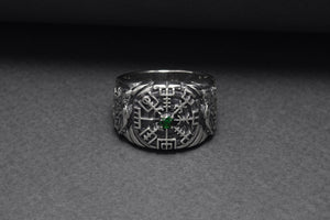 925 Silver Vegvisir Signet Ring with Green Gem and Ornament, Handcrafted Viking Jewelry - vikingworkshop