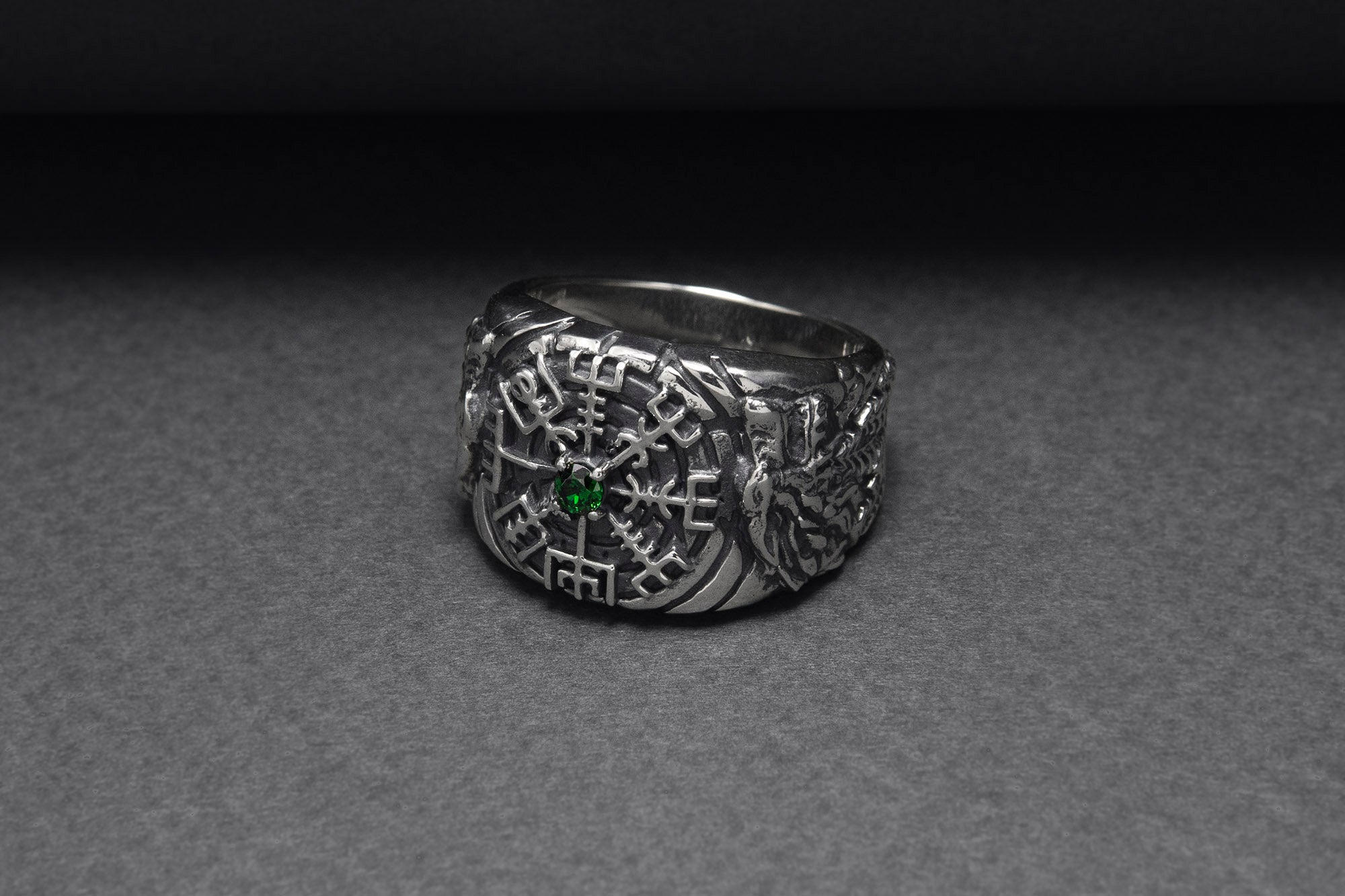 925 Silver Vegvisir Signet Ring with Green Gem and Ornament, Handcrafted Viking Jewelry - vikingworkshop