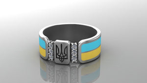 Ukrainian Trident Sterling Smooth Silver Ring with Flag and Gems, Made in Ukraine Jewelry - vikingworkshop