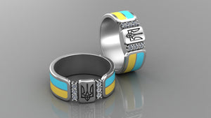 Ukrainian Trident Sterling Smooth Silver Ring with Flag and Gems, Made in Ukraine Jewelry - vikingworkshop