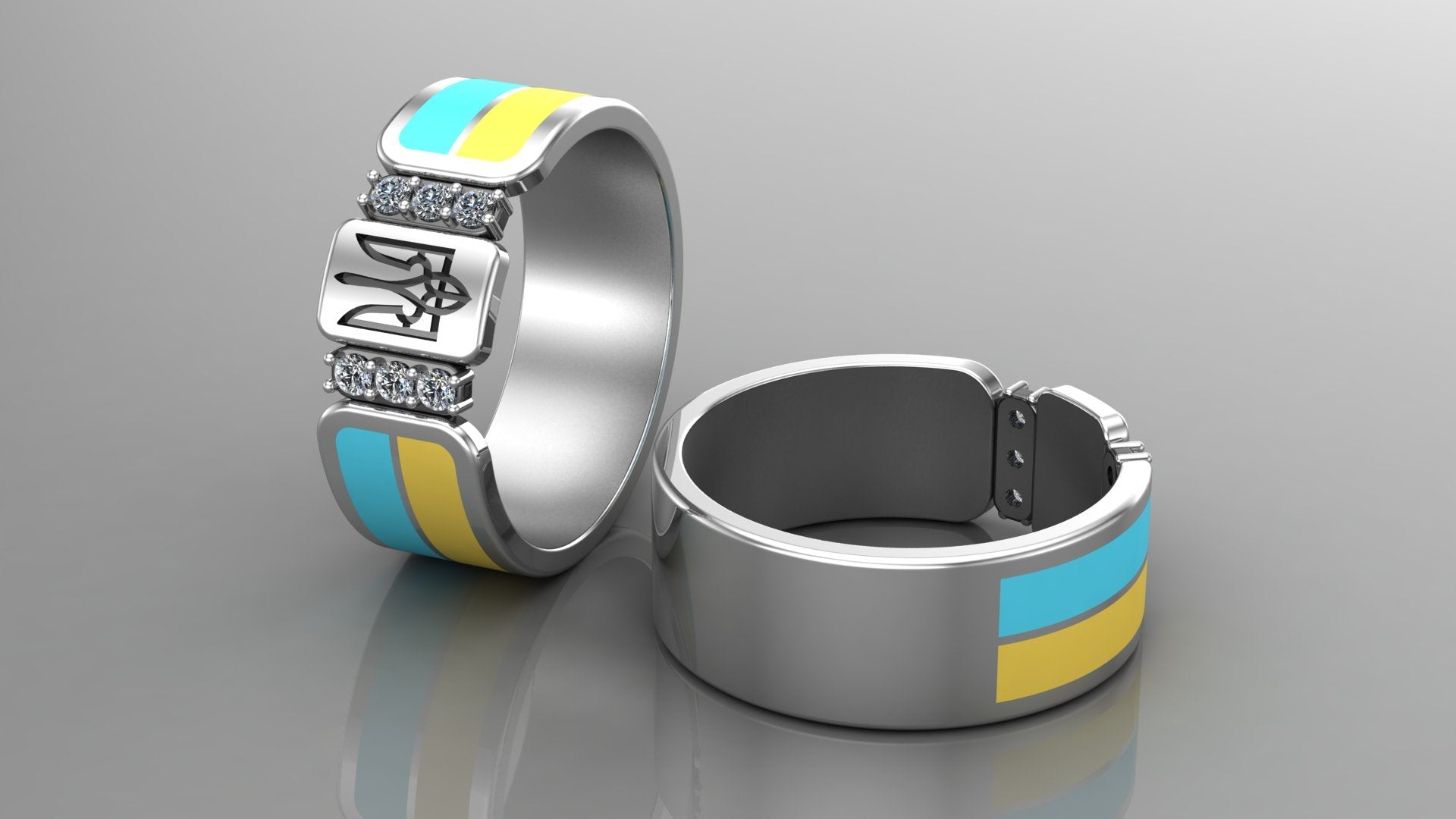 Ukrainian Trident Sterling Smooth Silver Ring with Flag and Gems, Made in Ukraine Jewelry - vikingworkshop