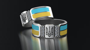 Ukrainian Trident Sterling Smooth Silver Ring with Flag and Gems, Made in Ukraine Jewelry - vikingworkshop