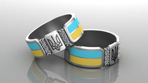 Ukrainian Trident Sterling Smooth Silver Ring with Flag and Gems, Made in Ukraine Jewelry - vikingworkshop