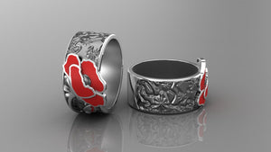 Sterling Silver Ring with Red Poppy Flower, Made in Ukraine Jewelry - vikingworkshop