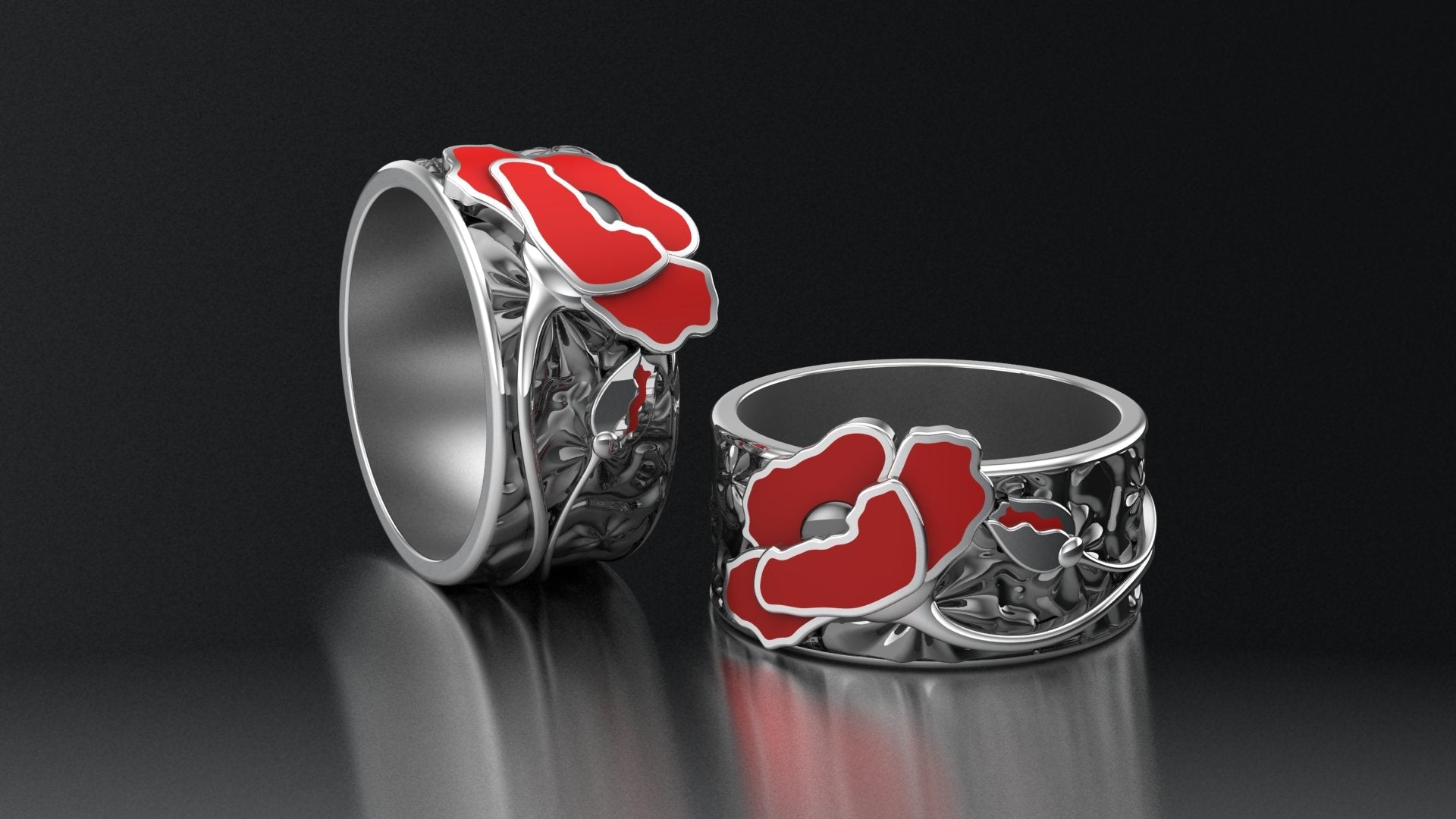 Sterling Silver Ring with Red Poppy Flower, Made in Ukraine Jewelry - vikingworkshop