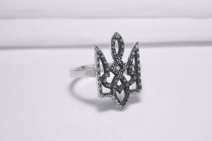 Sterling Silver Ukrainian Trident Ring with Flowers, Made in Ukraine Jewelry - vikingworkshop