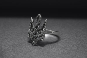 Sterling Silver Ukrainian Trident Ring with Flowers, Made in Ukraine Jewelry - vikingworkshop