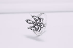 Sterling Silver Ukrainian Trident Ring with Flowers, Made in Ukraine Jewelry - vikingworkshop