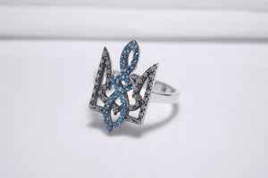 Sterling Silver Ukrainian Trident Ring with Flowers and Blue Gems, Made in Ukraine Jewelry - vikingworkshop
