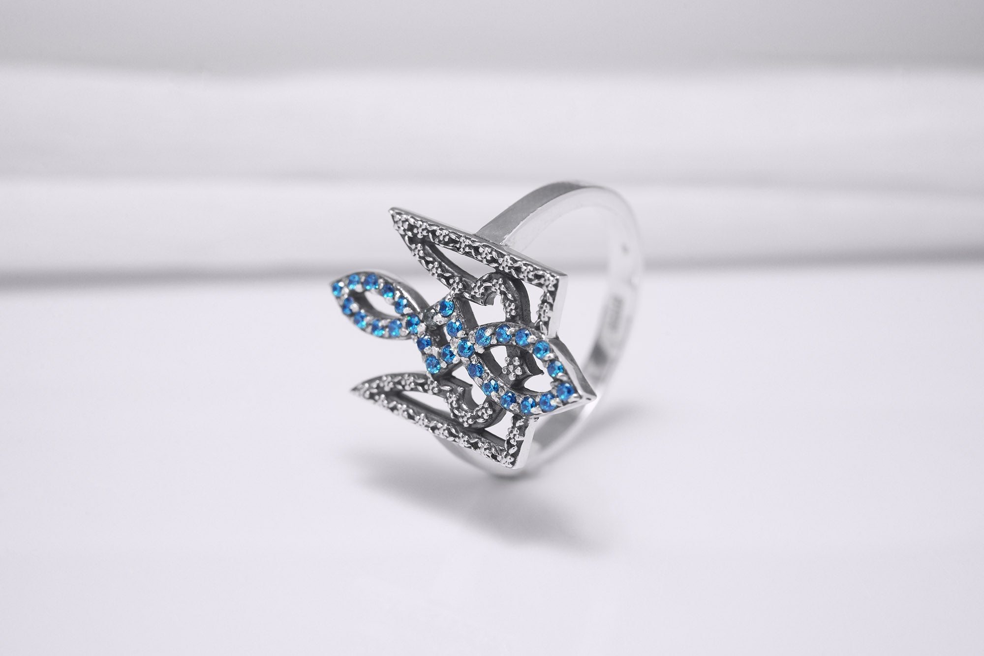 Sterling Silver Ukrainian Trident Ring with Flowers and Blue Gems, Made in Ukraine Jewelry - vikingworkshop