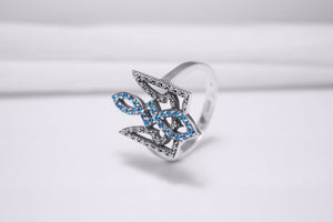 Sterling Silver Ukrainian Trident Ring with Flowers and Blue Gems, Made in Ukraine Jewelry - vikingworkshop