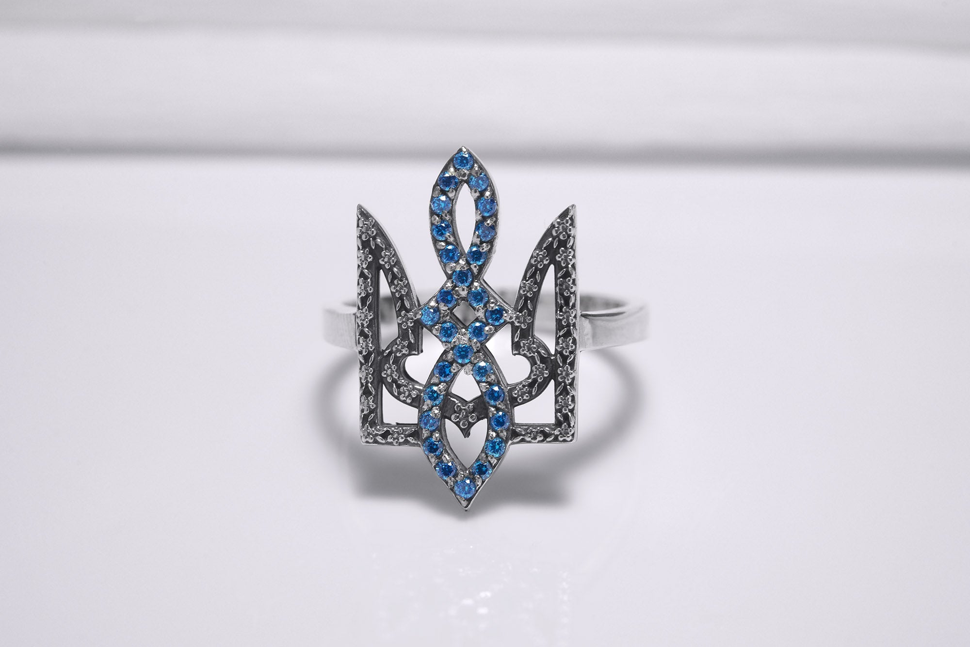 Sterling Silver Ukrainian Trident Ring with Flowers and Blue Gems, Made in Ukraine Jewelry - vikingworkshop