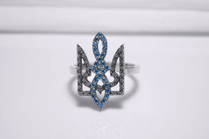 Sterling Silver Ukrainian Trident Ring with Flowers and Blue Gems, Made in Ukraine Jewelry - vikingworkshop