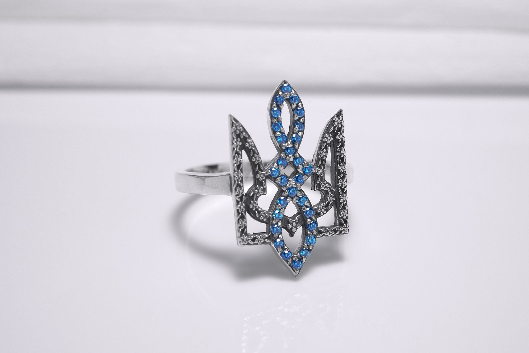 Sterling Silver Ukrainian Trident Ring with Flowers and Blue Gems, Made in Ukraine Jewelry - vikingworkshop